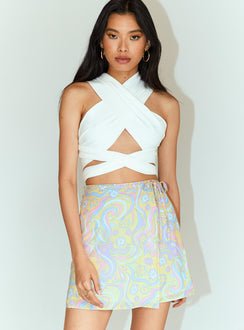   front view of model wearing Princess Polly Retro Swirl Wrap Mini Skirt 