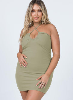 front view of model wearing Princess Polly Clarke Mini Dress Khaki 