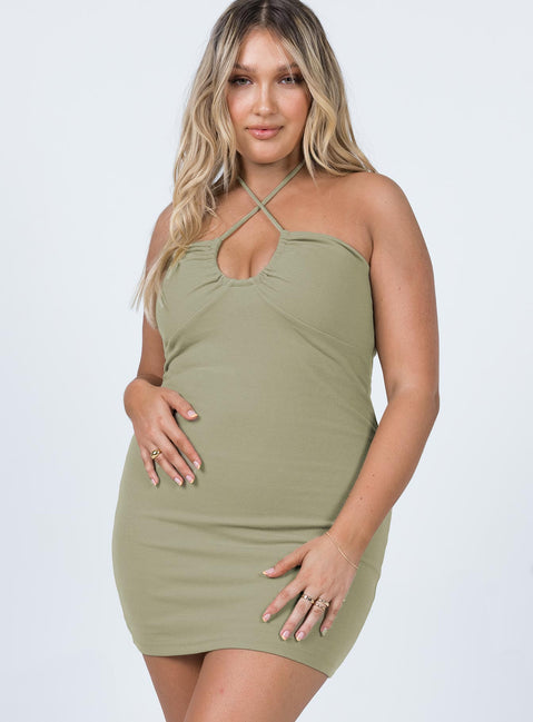 front view of model wearing Princess Polly Clarke Mini Dress Khaki 