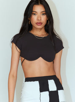 front view of model wearing Princess Polly Becca Short Sleeve Crop Top Black 