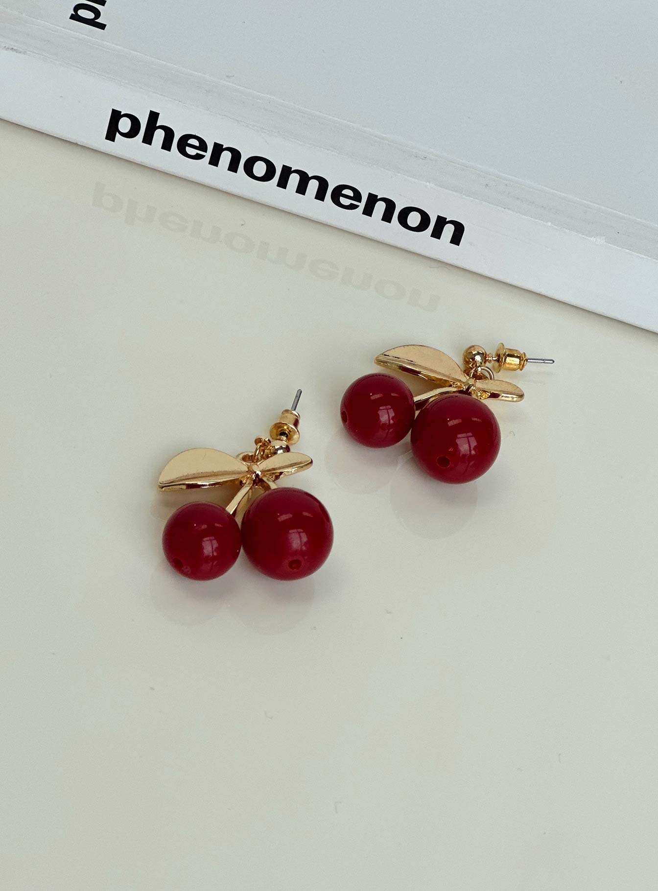 Earrings Gold toned Cherry design Stud fastening 