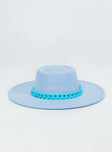 Boater hat  65% Polyester 35% Cotton Faux suede material  Removable chain detail  Stiff brim  Drawstring inner head band 