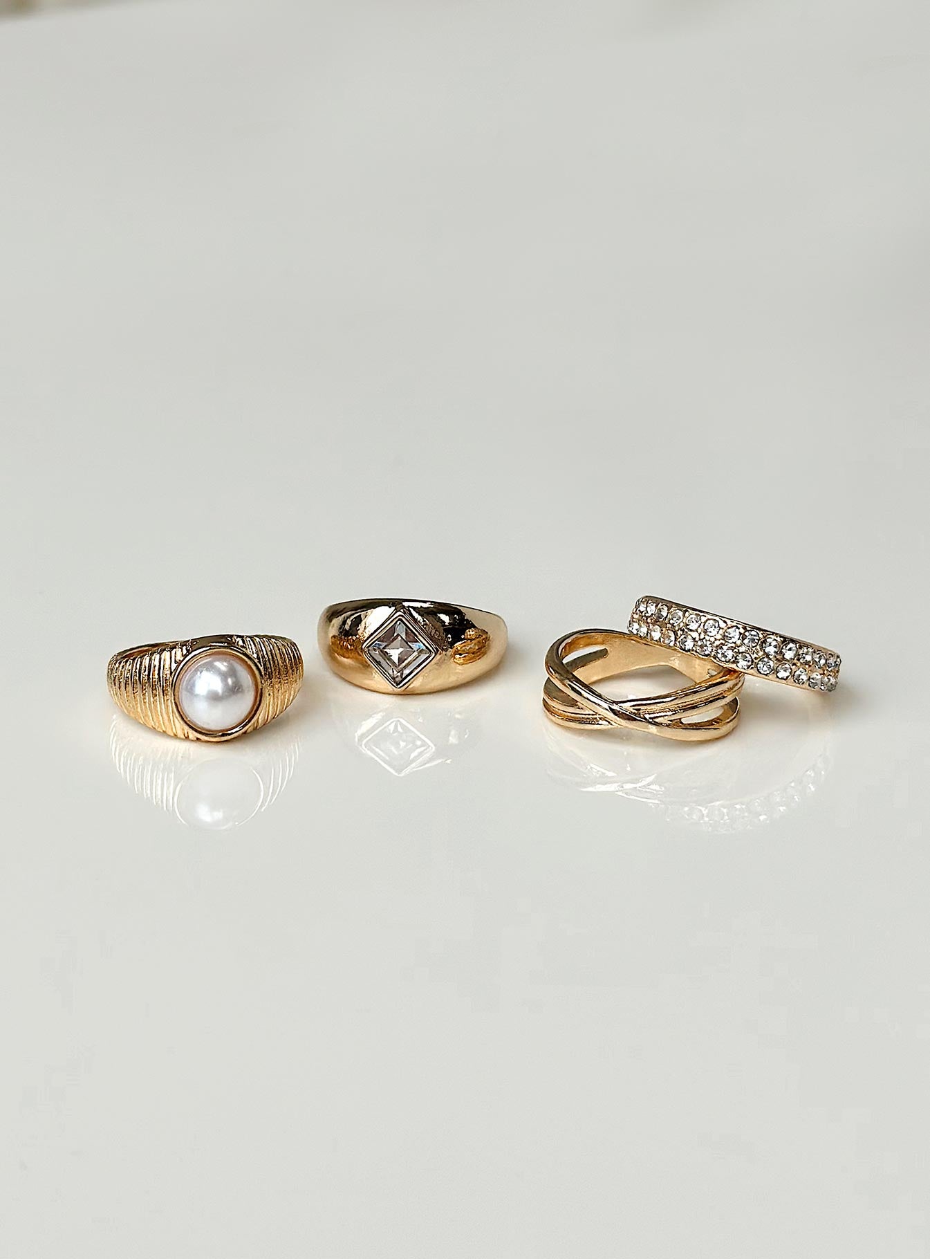Ring Pack of four Gold toned Pearl and diamante detail Light weight