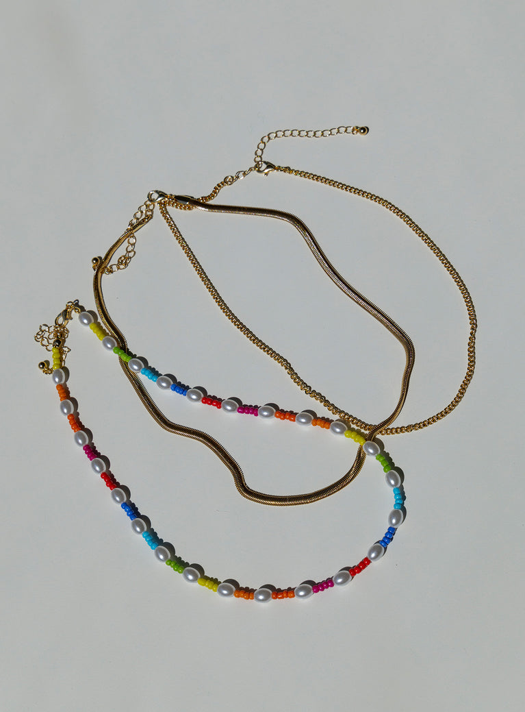 Necklace pack  Princess Polly Exclusive 70% recycled steel 20% plastic 10% glass Pack of three  Two gold-toned chains  Single beaded design  Lobster clasp fastening 