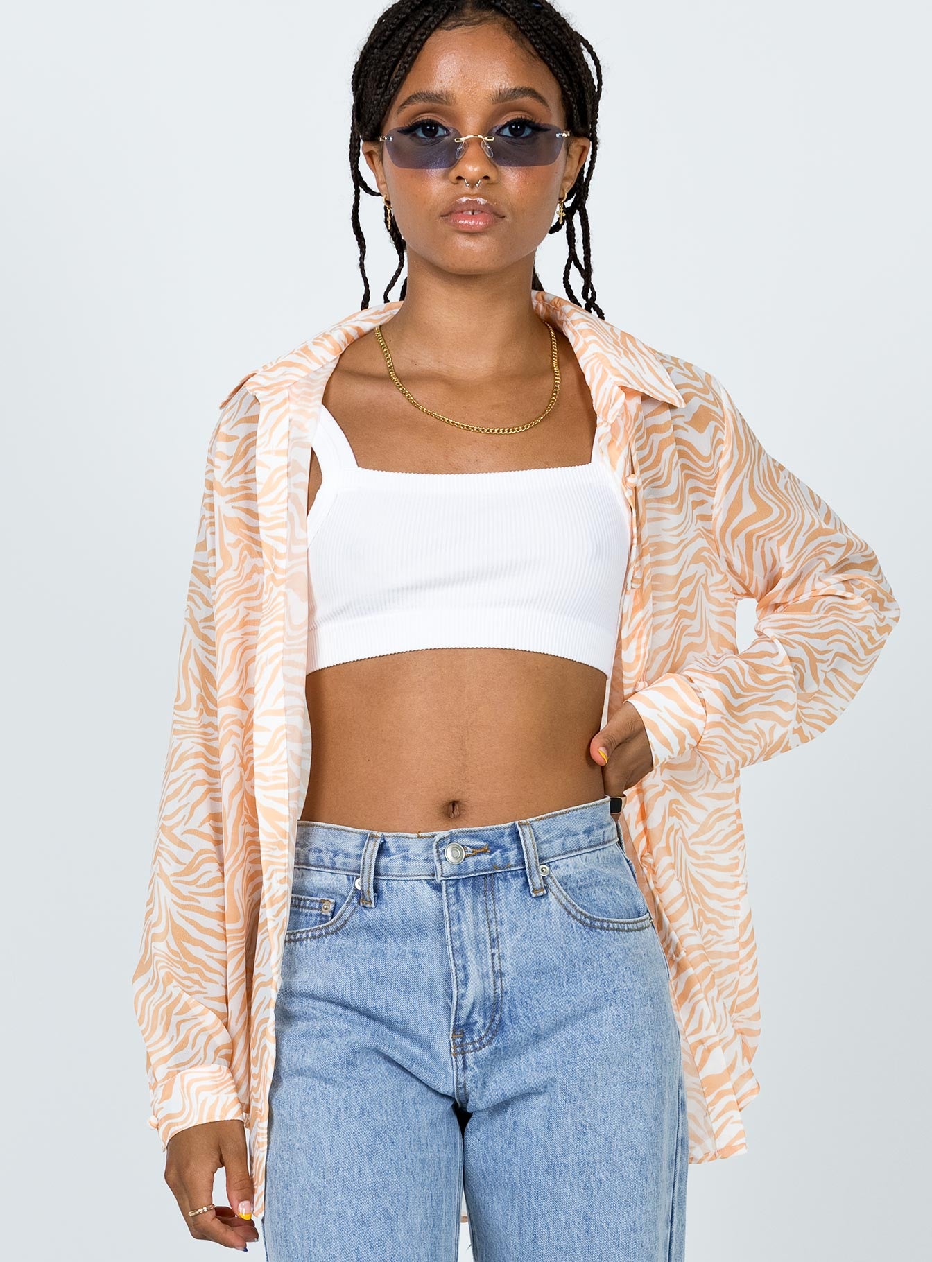 front view of model wearing Princess Polly Ziggy Shirt Orange 