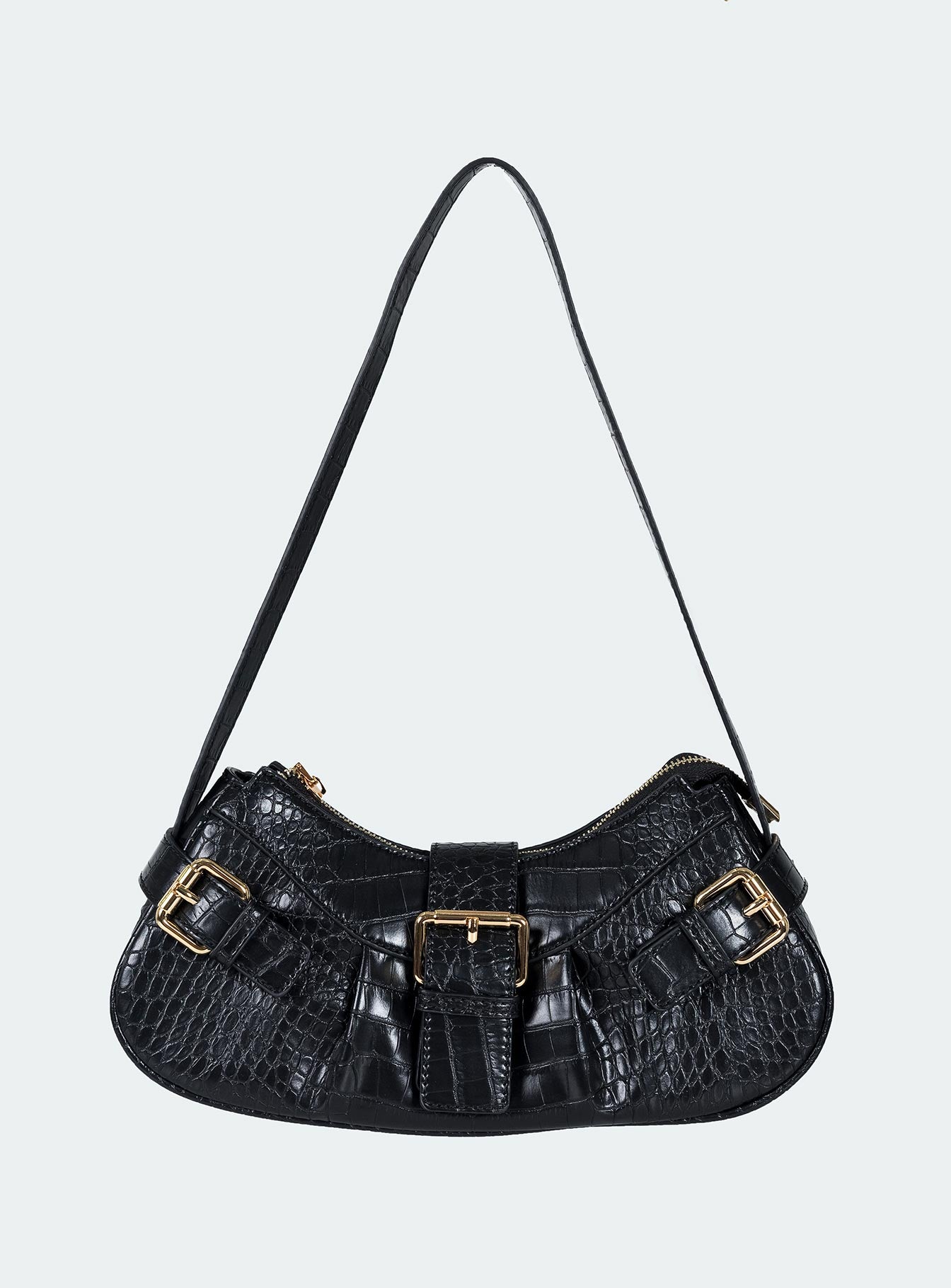 Shoulder bag Faux croc leather Gold-toned hardware Zip fastening Fixed strap  Flat base