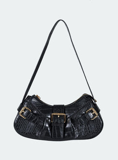 Shoulder bag Faux croc leather Gold-toned hardware Zip fastening Fixed strap  Flat base