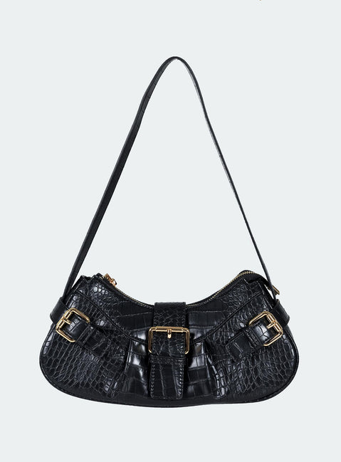 Shoulder bag Faux croc leather Gold-toned hardware Zip fastening Fixed strap  Flat base