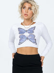 front view of model wearing Princess Polly Butterfly Long Sleeve Top White 