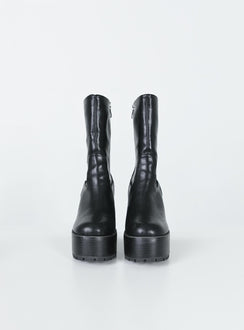 Boots Faux leather material  Mid-calf length  Zip fastening at side  Rounded toe Platform base  Block heel  Treaded sole