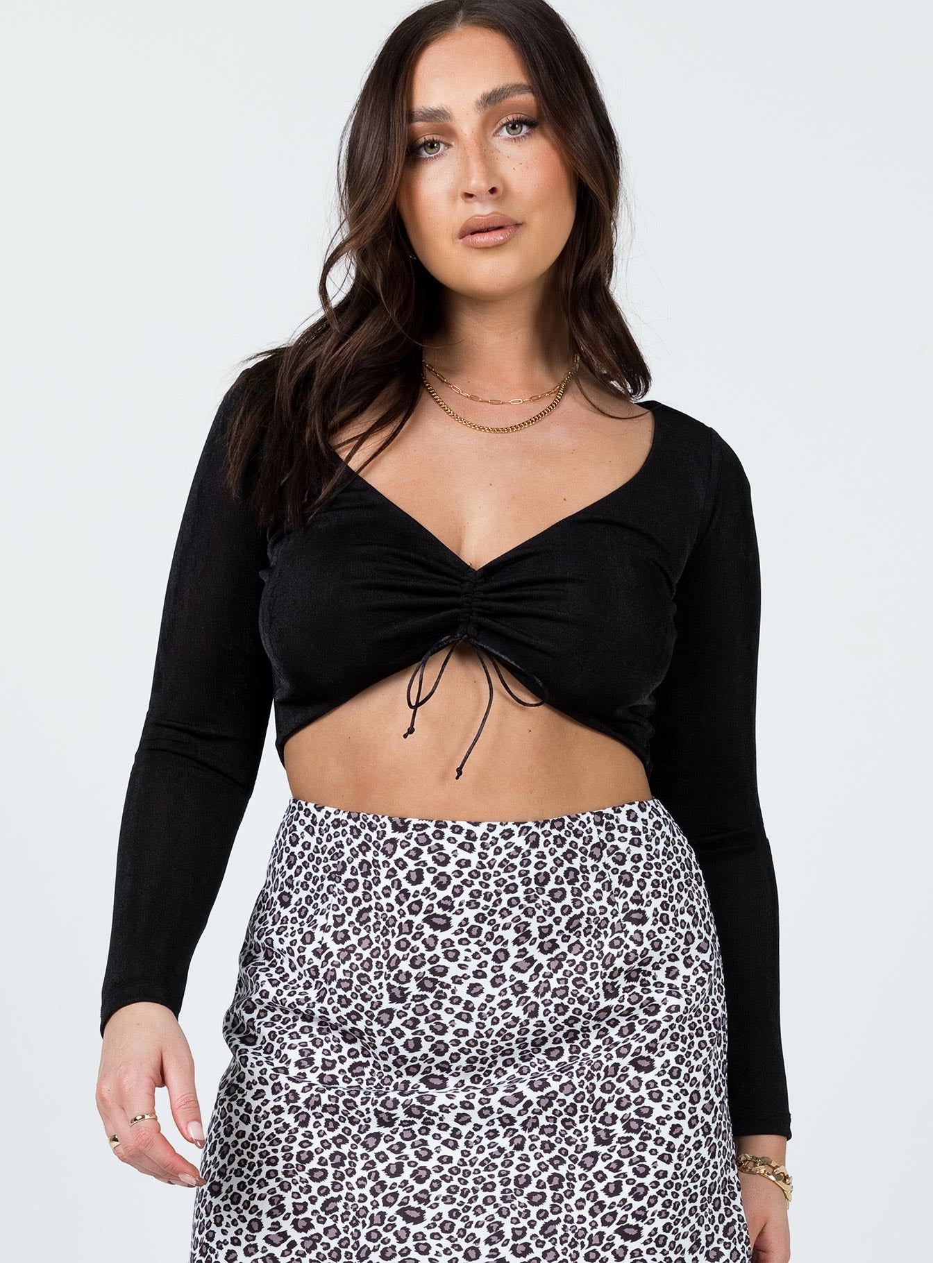 front view of model wearing Princess Polly Lucille Long Sleeve Top Black 