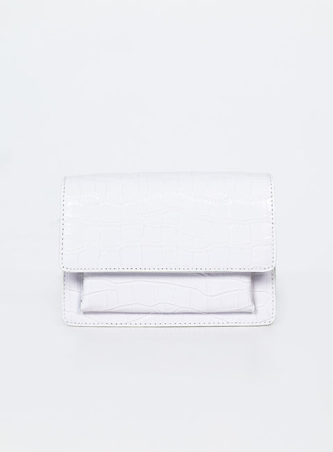 White bag Faux croc print Twin magnetic button fastening Adjustable straps Double compartments Gold-toned hardware