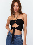 front view of model wearing Princess Polly Loriella Ring Detail Crop Top Black 