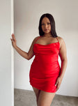 front view of model wearing Princess Polly Celena Mini Dress Red Curve Cowl Neck 