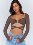 front view of model wearing Princess Polly Corey Long Sleeve Top Brown 