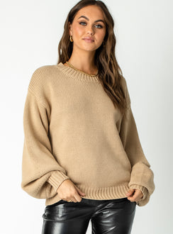 front view of model wearing Princess Polly Harmony Sweater Brown 
