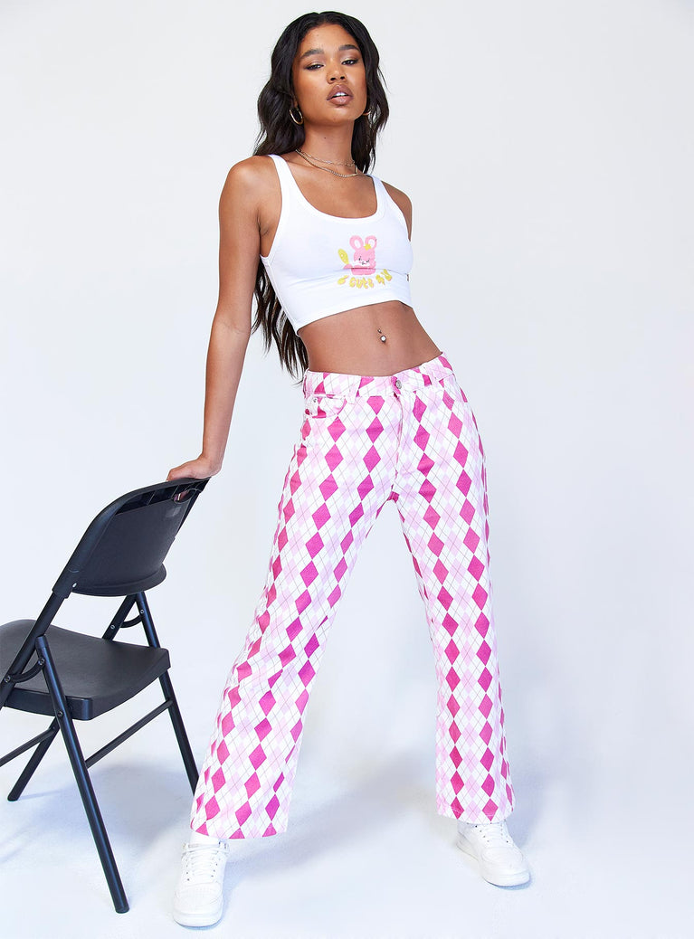 back view of model wearing Princess Polly Zoey Argyle Straight Leg Pant Pink 