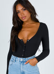 front view of model wearing Princess Polly Barlise Bodysuit Black Full Sleeves V-Neck 