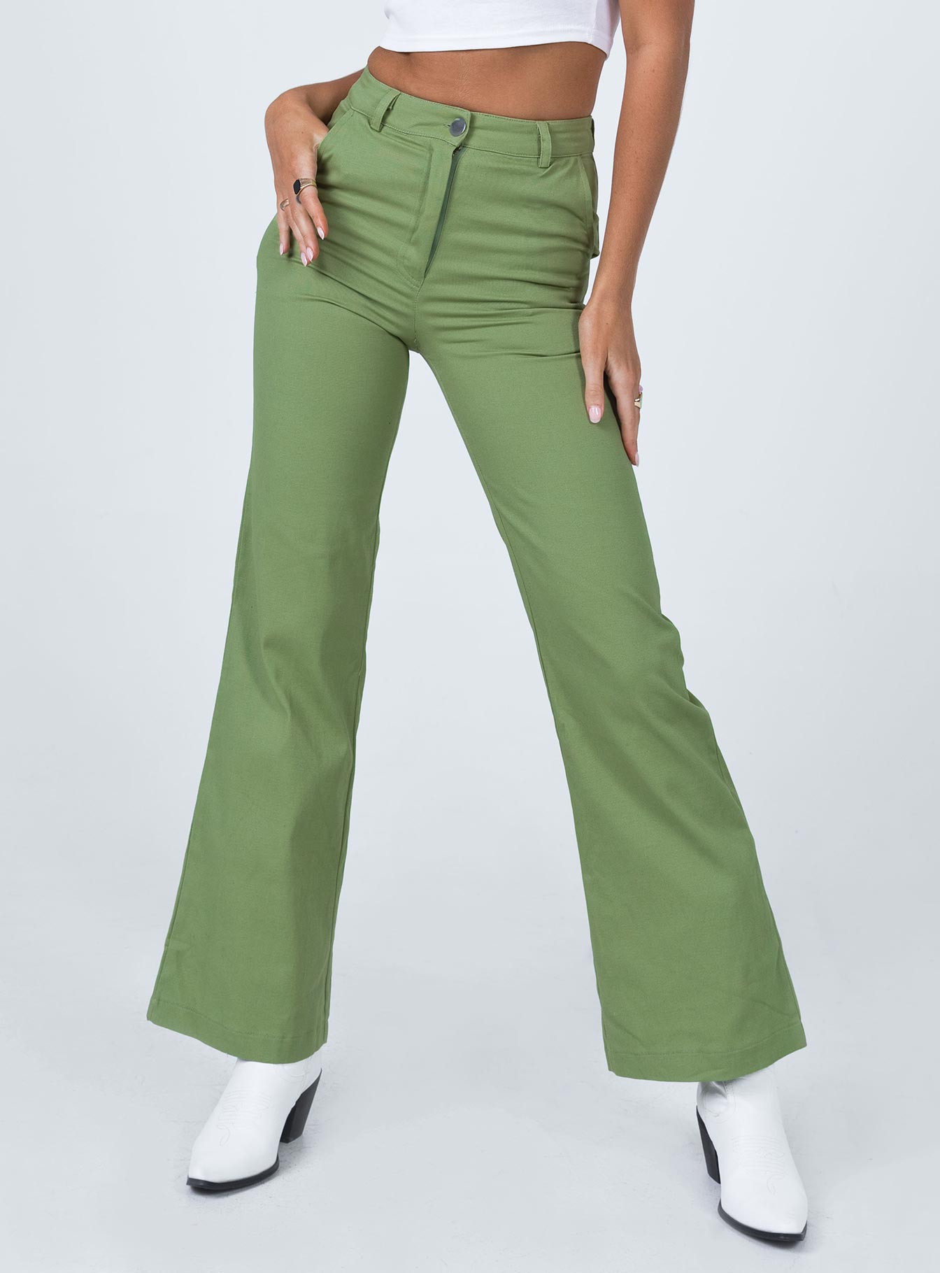 front view of model wearing Princess Polly Carson Pants Green 
