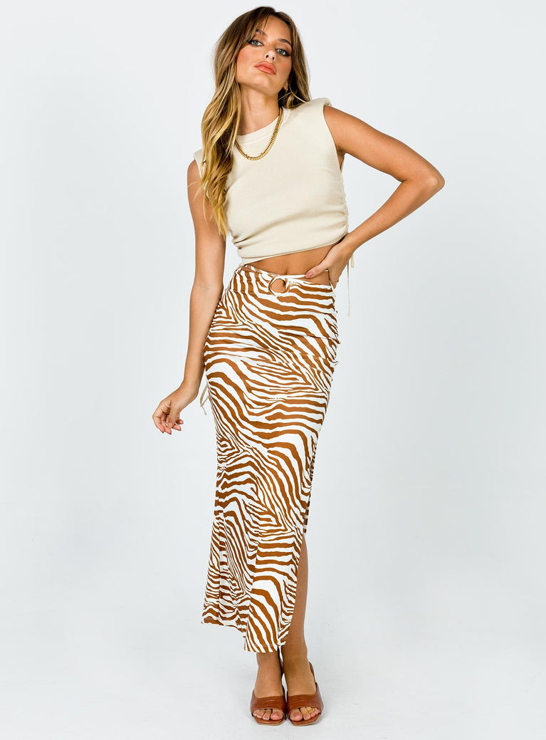   front view of model wearing Princess Polly Kody Maxi Skirt Beige Zebra 