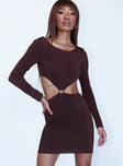 front view of model wearing Princess Polly Henley Mini Dress Brown 