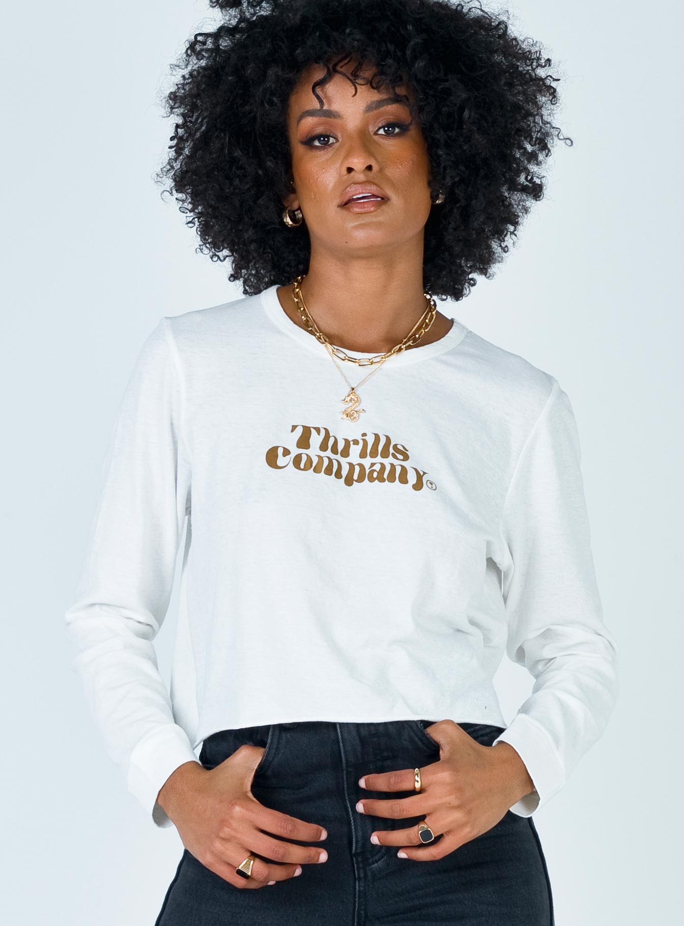 front view of model wearing Princess Polly Truckin' Crew Dirty White 