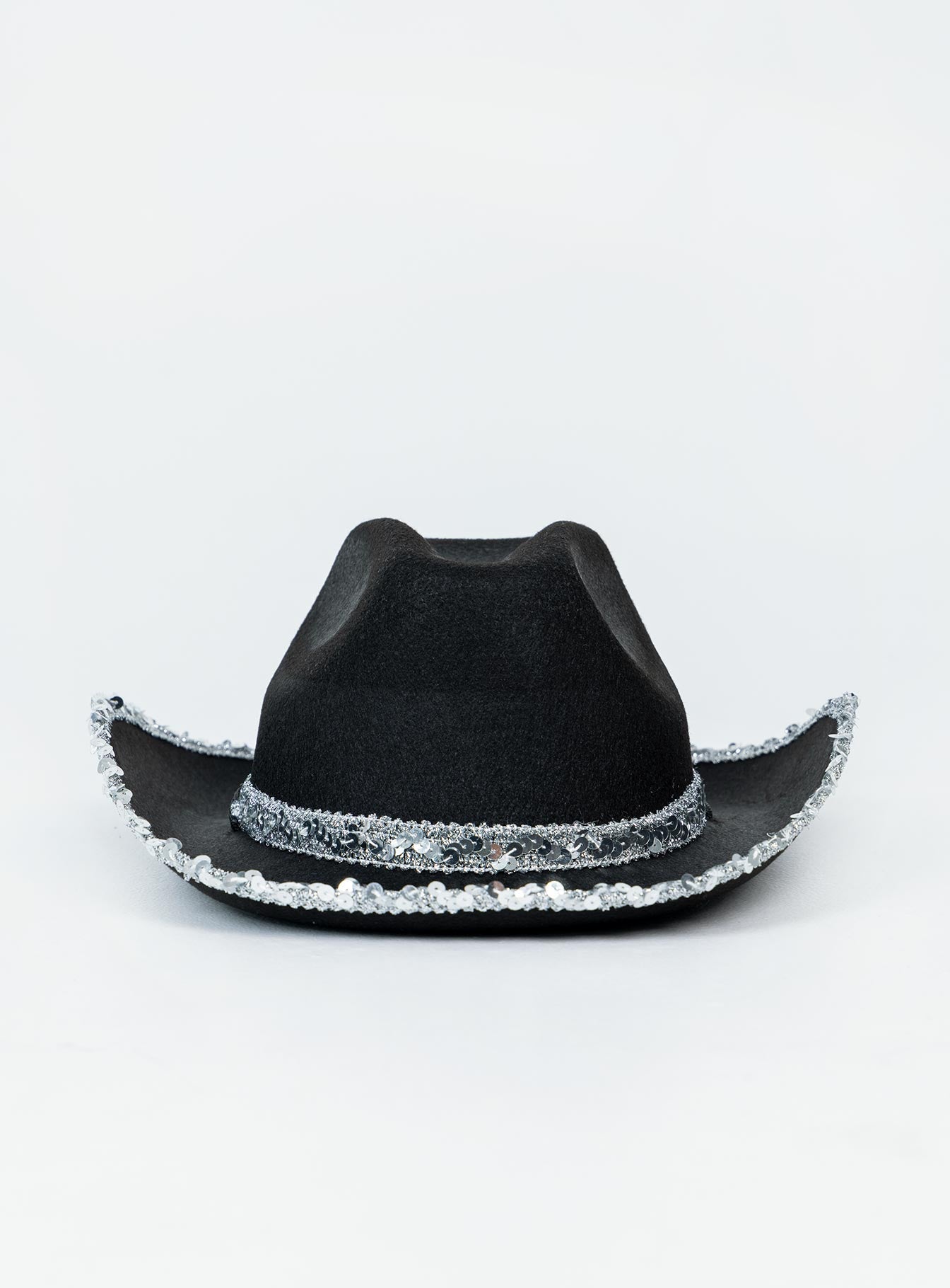 Cowboy hat 50% polyester 50% acrylic Faux felt material  Sequin rim & headband  Stiff curved brim  OSFM 