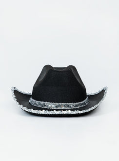 Cowboy hat 50% polyester 50% acrylic Faux felt material  Sequin rim & headband  Stiff curved brim  OSFM 