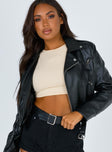 Cropped biker jacket Asymmetric zip fastening Double point collar Front zip pockets Lapels on shoulders Attached belt at waist Silver coloured hardware Vegan leather material Fully lined