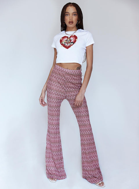 side view of model wearing Princess Polly Karmen Chevron Knit Flare Pants Pink 
