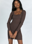 side view of model wearing Princess Polly Denielle Mini Dress Chocolate 