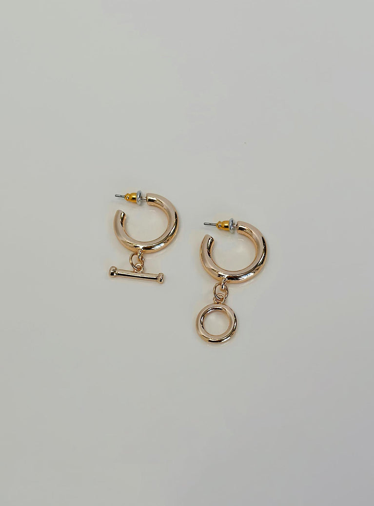 Earrings Gold toned Hoop style Stud fastening Drop charm