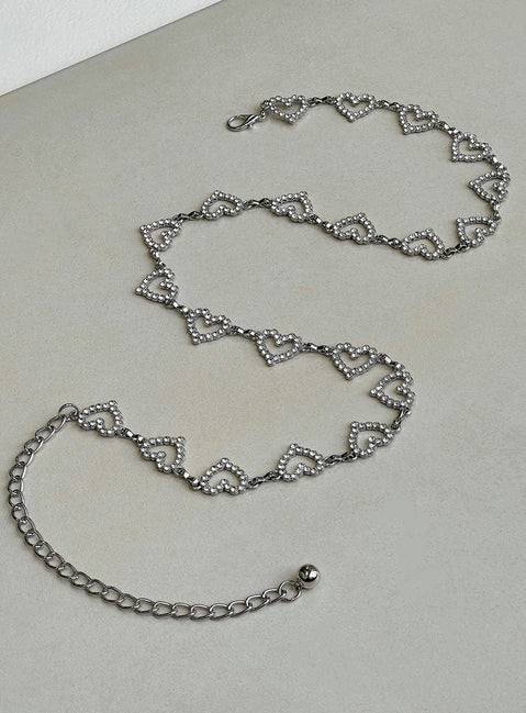 Silver toned chain belt Heart design Diamante detail Lobster clasp fastening