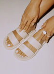 Slides  100% PU Faux leather material  Double strap upper  Rounded toe 