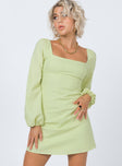 front view of model wearing Princess Polly Hastings Long Sleeve Mini Dress Green 