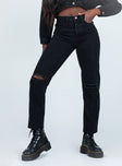 front view of model wearing Princess Polly Attica Knee Rip Denim Jeans Black Mid Rise 