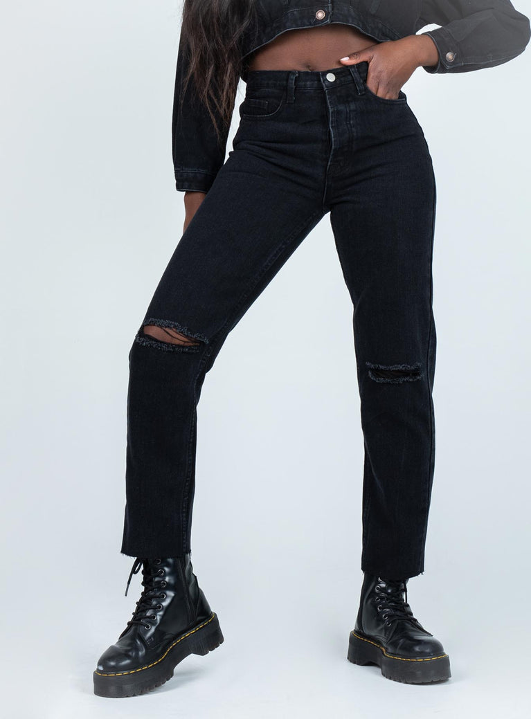 front view of model wearing Princess Polly Attica Knee Rip Denim Jeans Black Mid Rise 