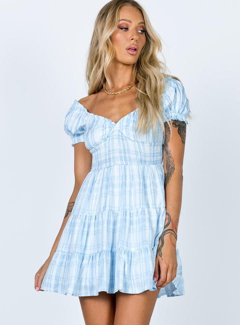 side view of model wearing Princess Polly Daniela Mini Dress Blue Check 