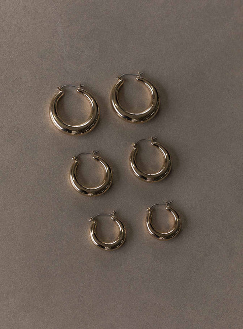 Earring pack Pack of three  Latch fastening  Gold-toned  Hoop style 
