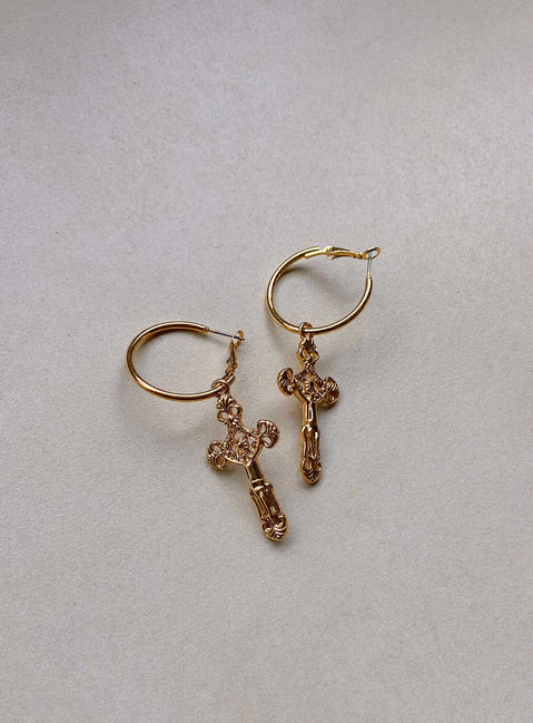Earrings Gold-toned Hoop style Latch back fastening Cross drop charm