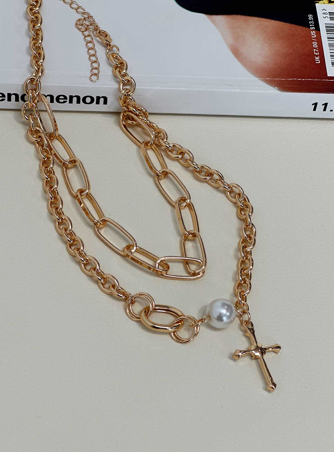 Necklace Gold toned Chunky design Cross & pearl detail Lobster clasp fastening