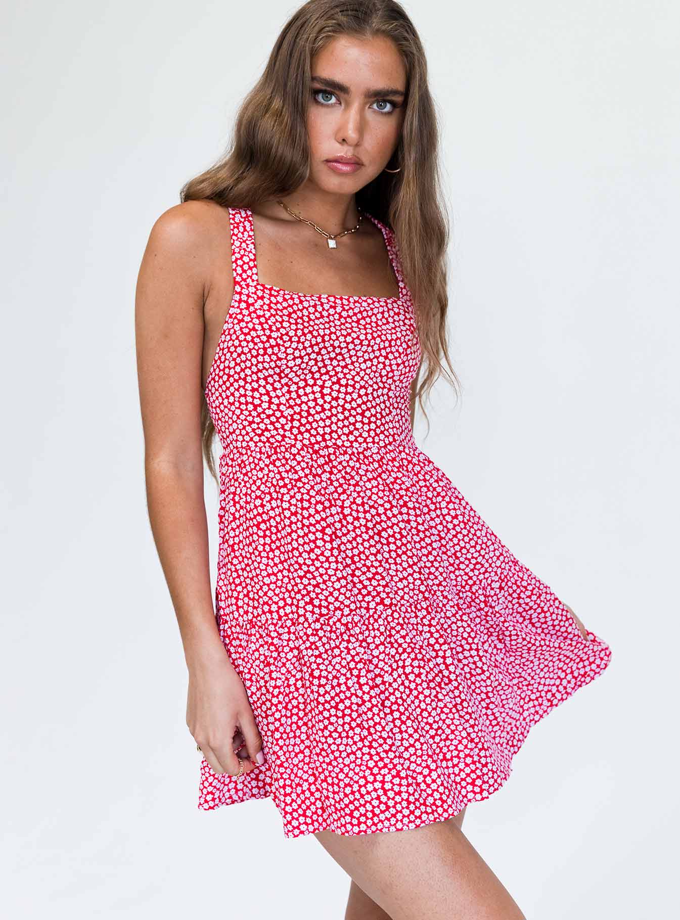 front view of model wearing Princess Polly Keesha Mini Dress Red Floral 