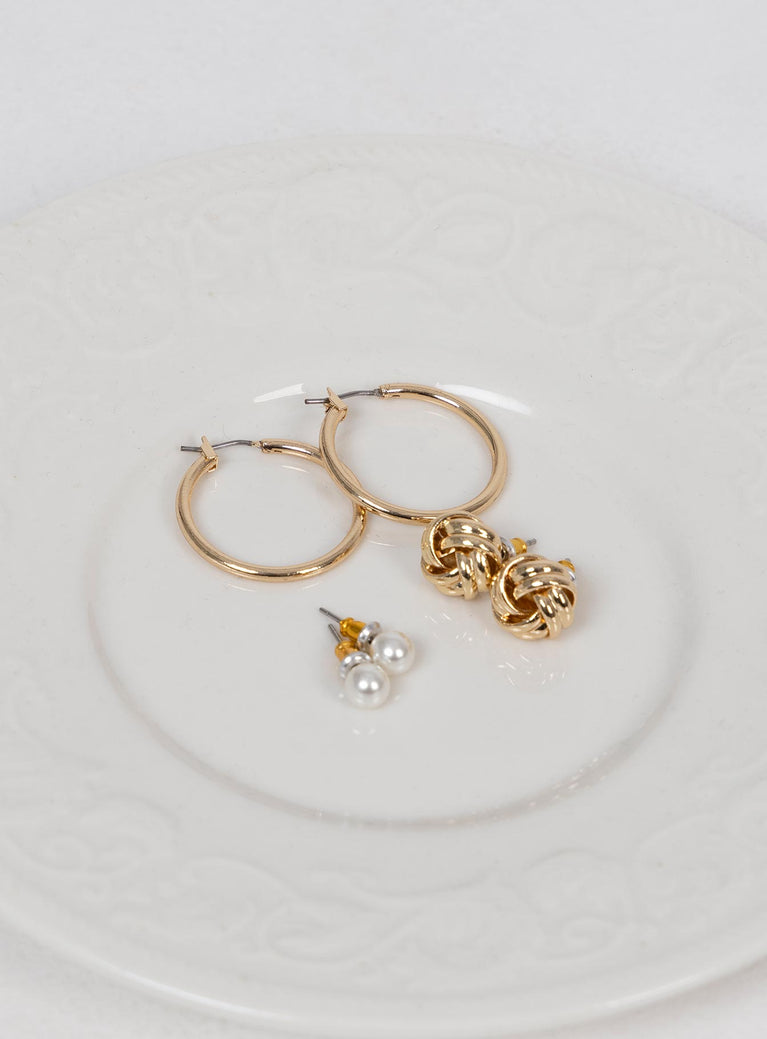 Earring pack Set of three Hoop & stud styles Pear detail Gold-toned Stud & latch fastening