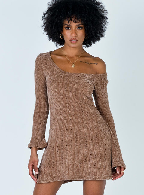 front view of model wearing Princess Polly Boho Babe Mini Dress Mocha 