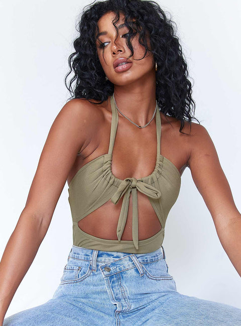 front view of model wearing Princess Polly London Bodysuit Khaki Sleeveless Plunger 