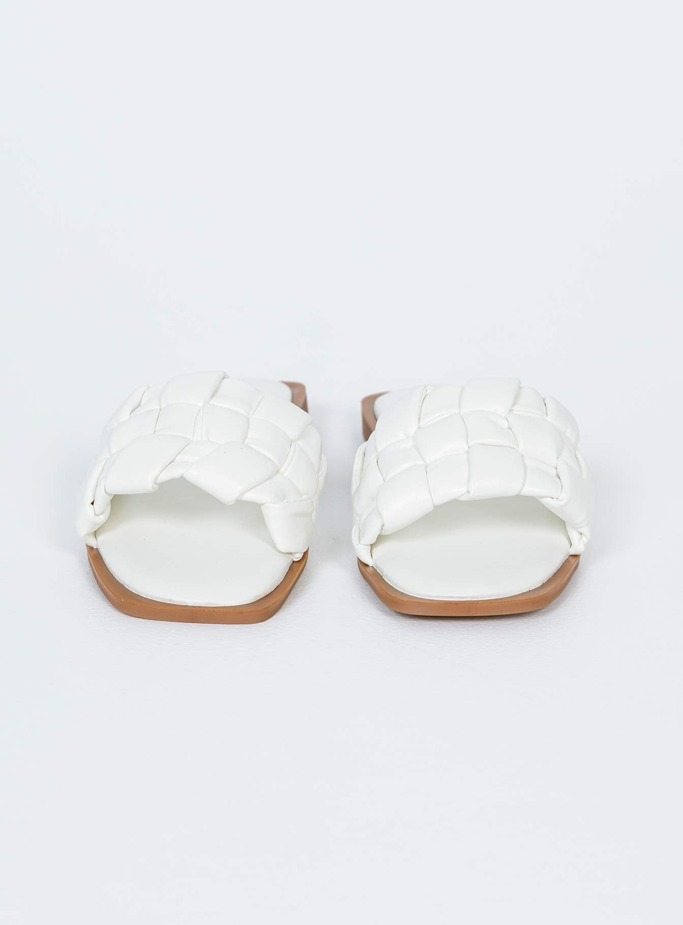 White sandals Faux leather material Woven look upper Square toe Padded footbed