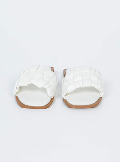 White sandals Faux leather material Woven look upper Square toe Padded footbed