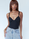 front view of model wearing Princess Polly Peyton Bodysuit Black Sleeveless Sweetheart 