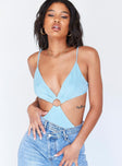 front view of model wearing Princess Polly Adelaide Bodysuit Blue Sleeveless Plunger 