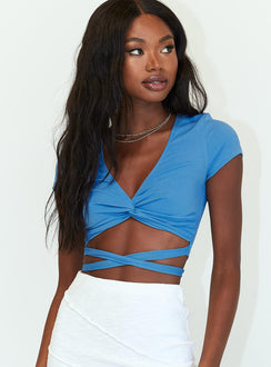 side view of model wearing Princess Polly Aiden Top Blue 